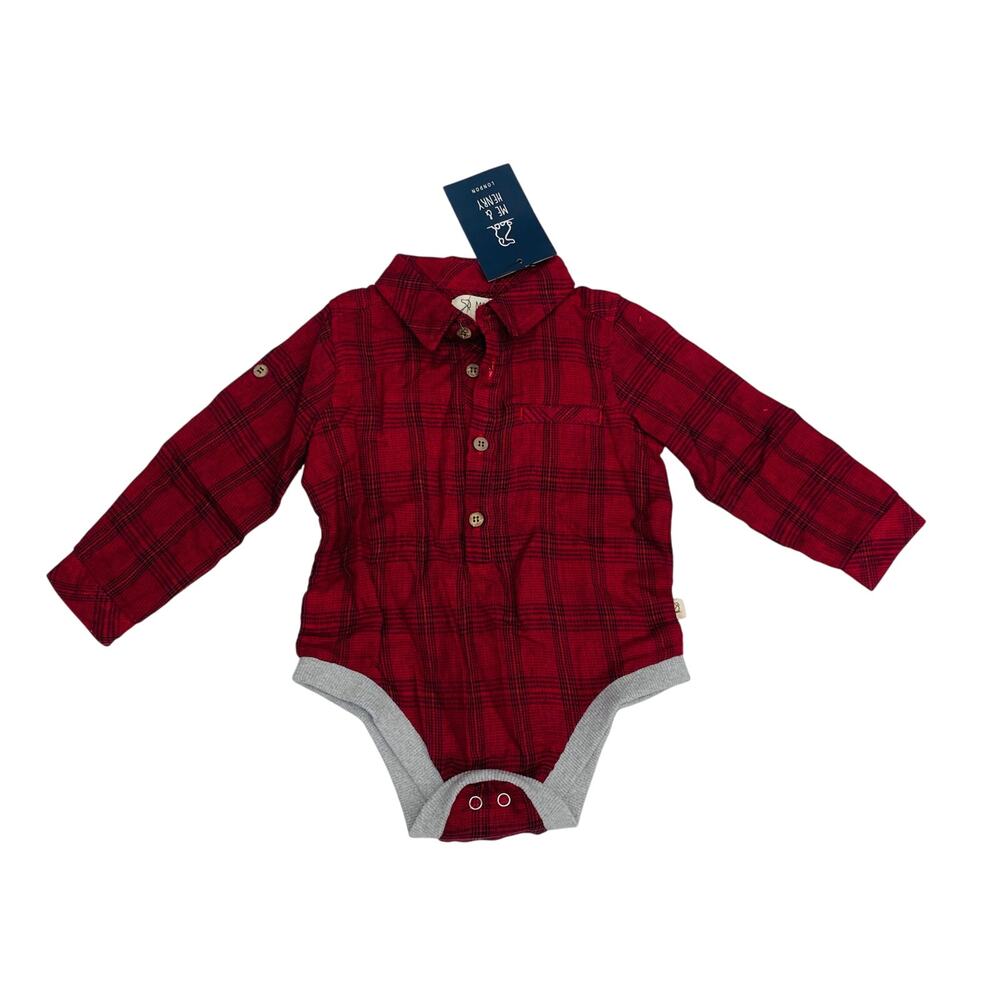 NWT Me & Henry 3/6M Red & Black Plaid Jasper Button Up Onesie